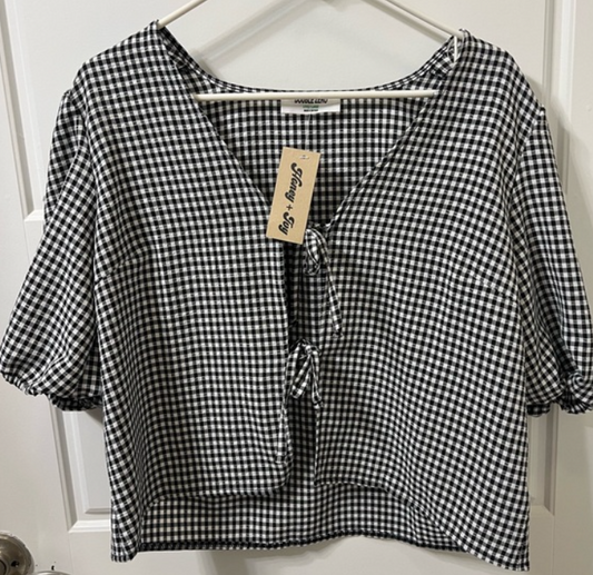 Double Zero Gingham Bow Tie Puff Blouse | Size L