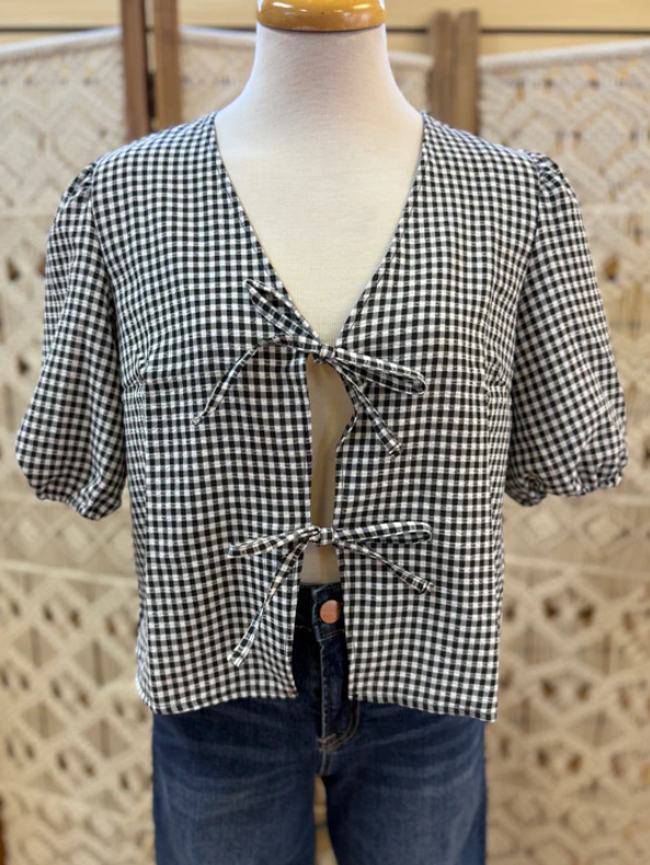 Double Zero Gingham Bow Tie Puff Blouse | Size L